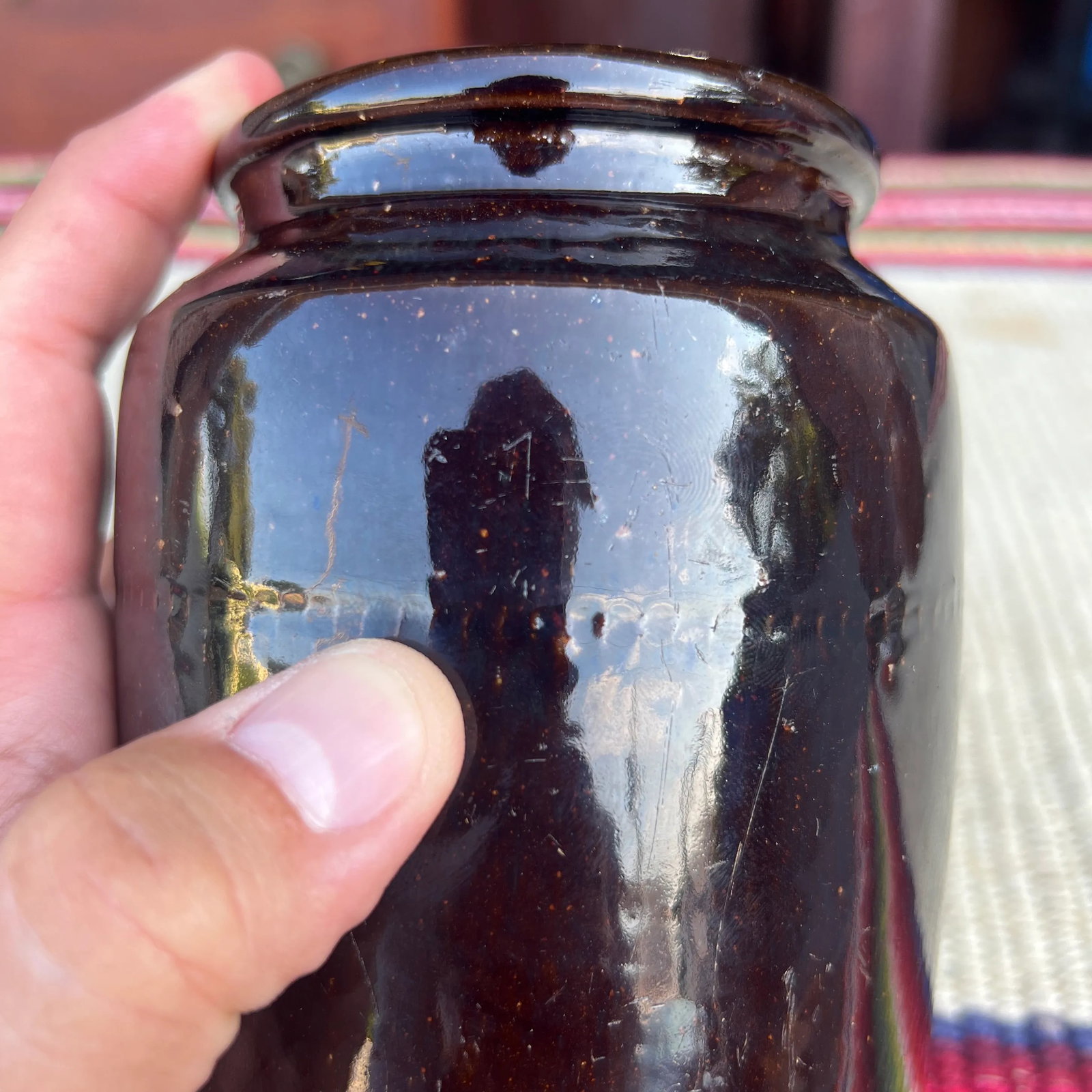 A Fine Antique Pennsylvania Folk Art Redware Preserve Jar With an Albany Glaze, 1870's - 9