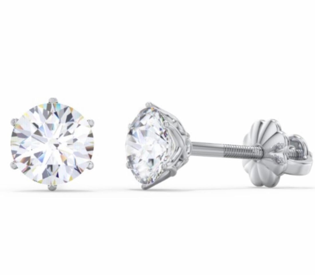 1.0 Carat Diamond Solitaire Stud Earrings 6 Prongs Screw Back 18 Kt White Gold - 11