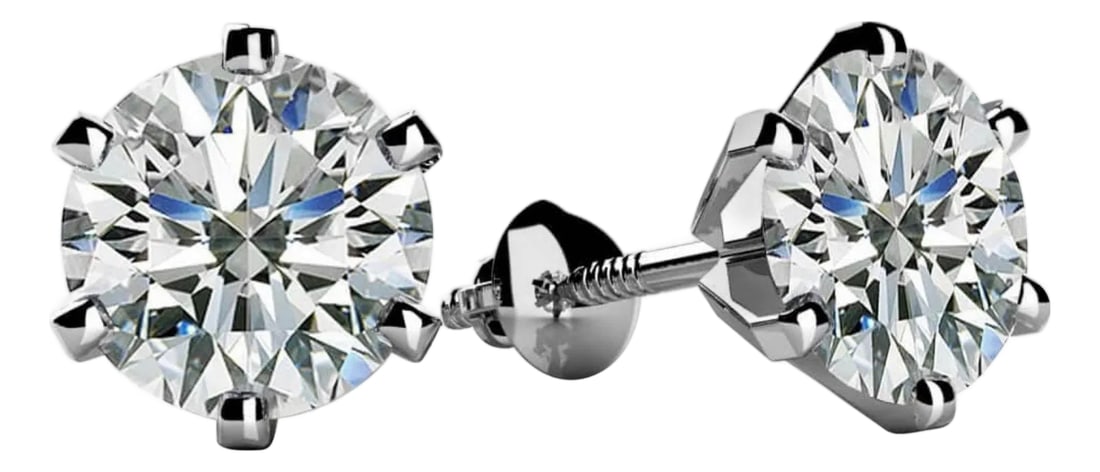 1.0 Carat Diamond Solitaire Stud Earrings 6 Prongs Screw Back 18 Kt White Gold: A sweet, shimmery style for any day of the week. These stud earrings 50 pointer Solitaire round brilliant-cut diamonds. Set in 18 kt White gold. Post, Screw back diamond stud earrings. Best For Every