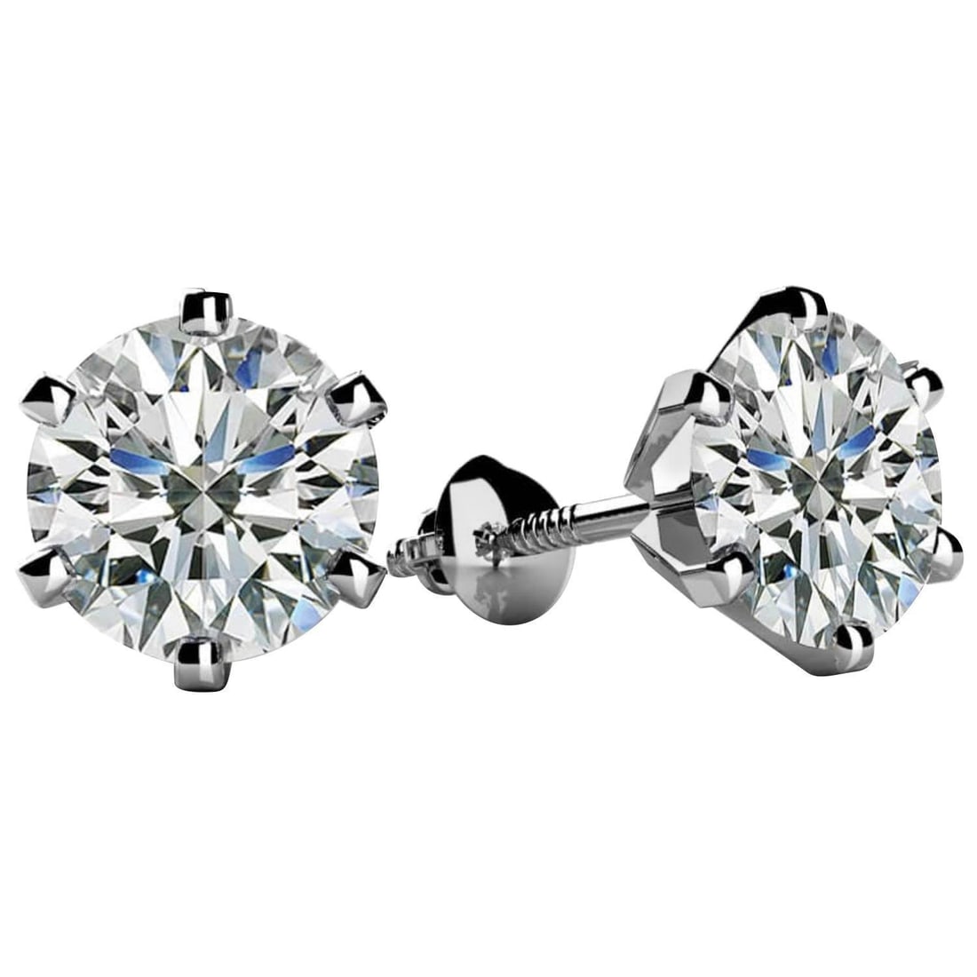 1.0 Carat Diamond Solitaire Stud Earrings 6 Prongs Screw Back 18 Kt White Gold - 7