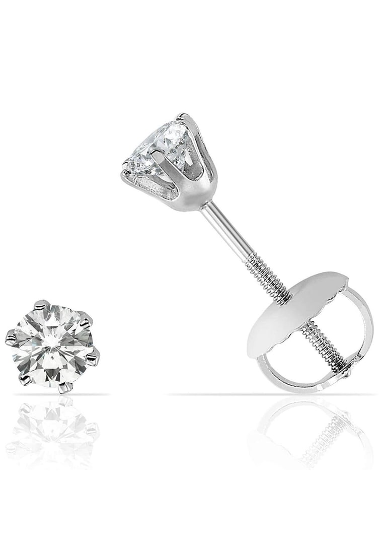 1.0 Carat Diamond Solitaire Stud Earrings 6 Prongs Screw Back 18 Kt White Gold - 8