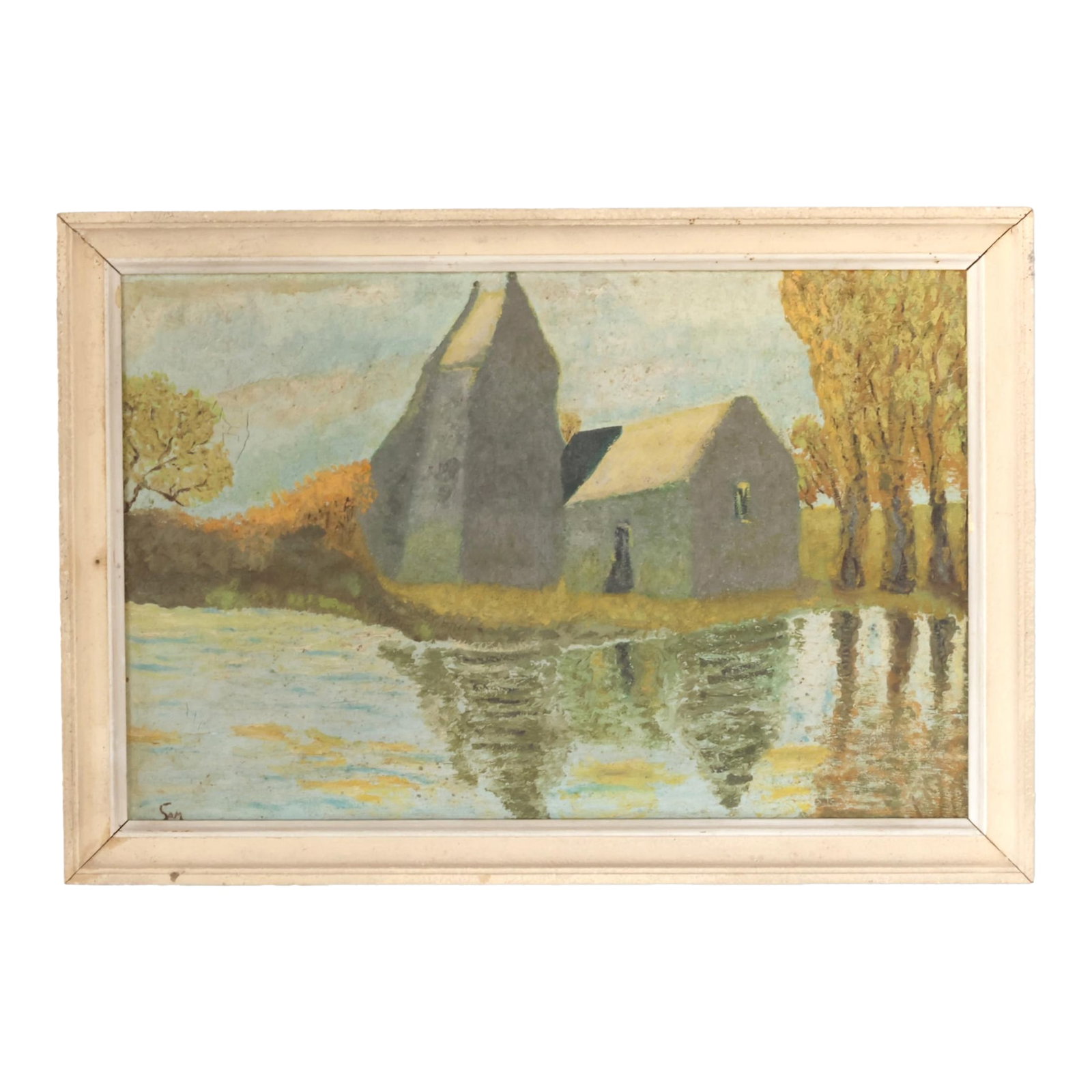 French Landscape Painting on Canvas, Barn on a River: Vintage French landscape on canvas, artist signed lower left. The rustic composition shows a farmhouse or barn beside a river, with trees and foliage reflected in the water. Painted in warm earth tone