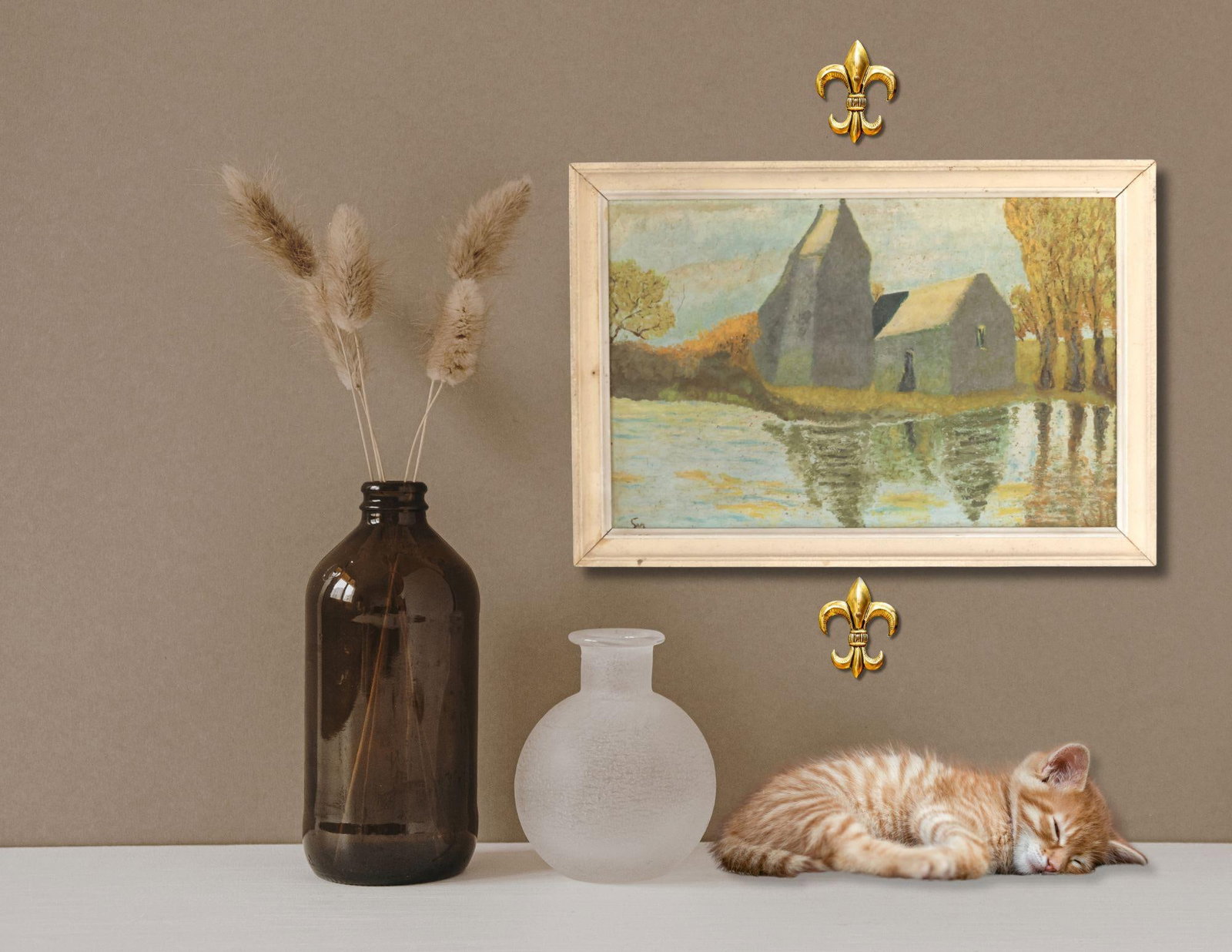 French Landscape Painting on Canvas, Barn on a River - 2