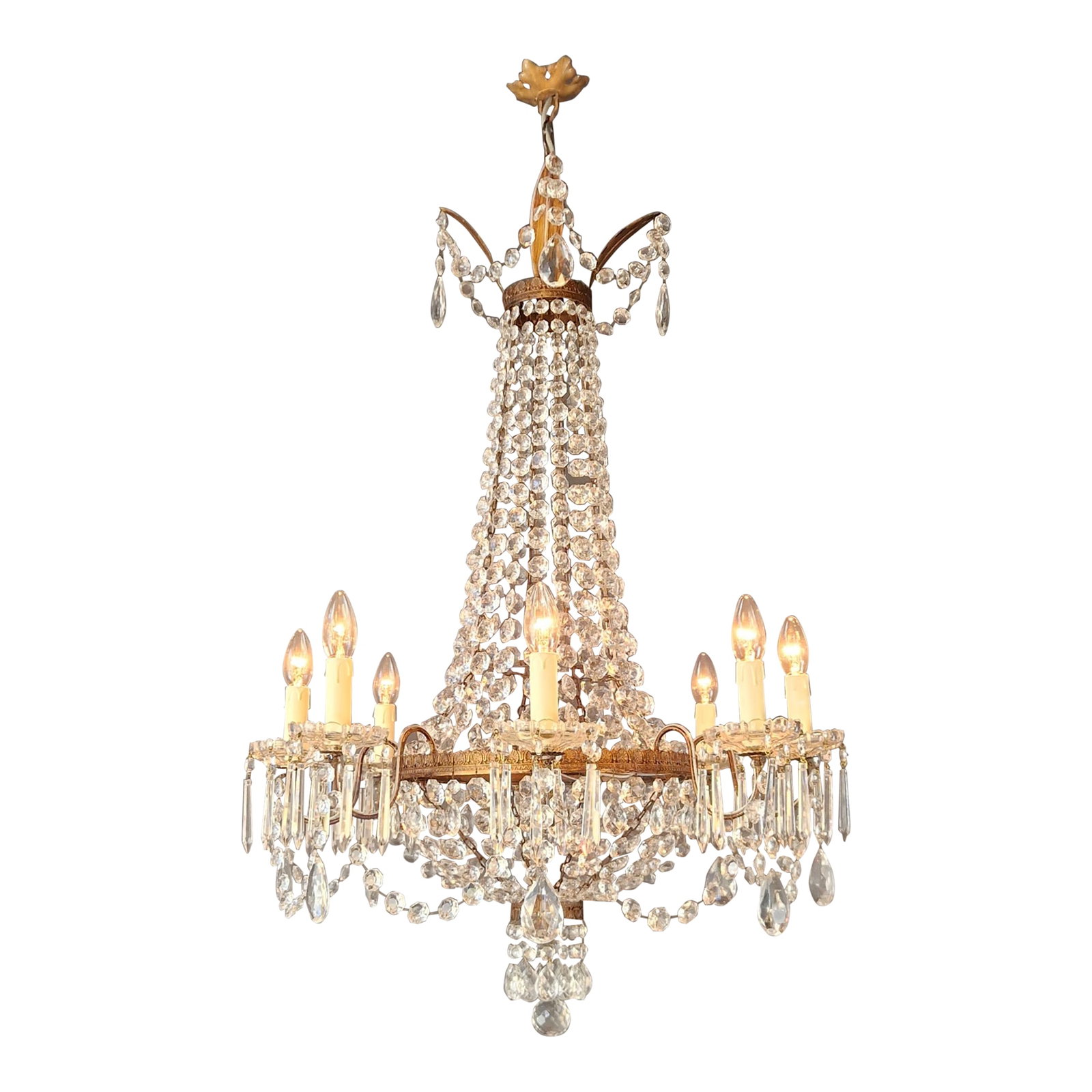 1930s Empire Brass Chandelier Crystal Lustre Ceiling Light Antique Classical (1 of 9)