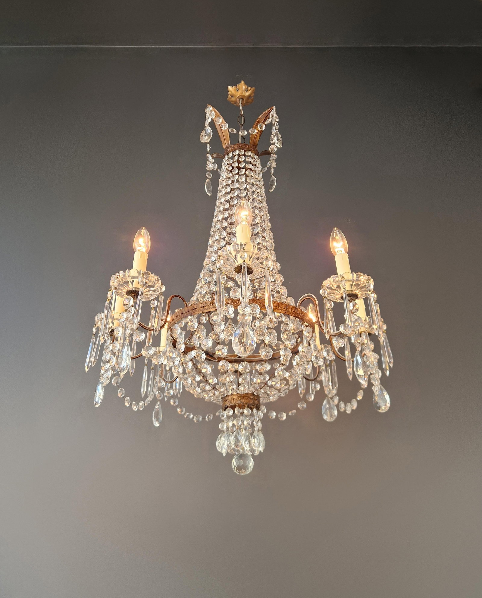 1930s Empire Brass Chandelier Crystal Lustre Ceiling Light Antique Classical - 2