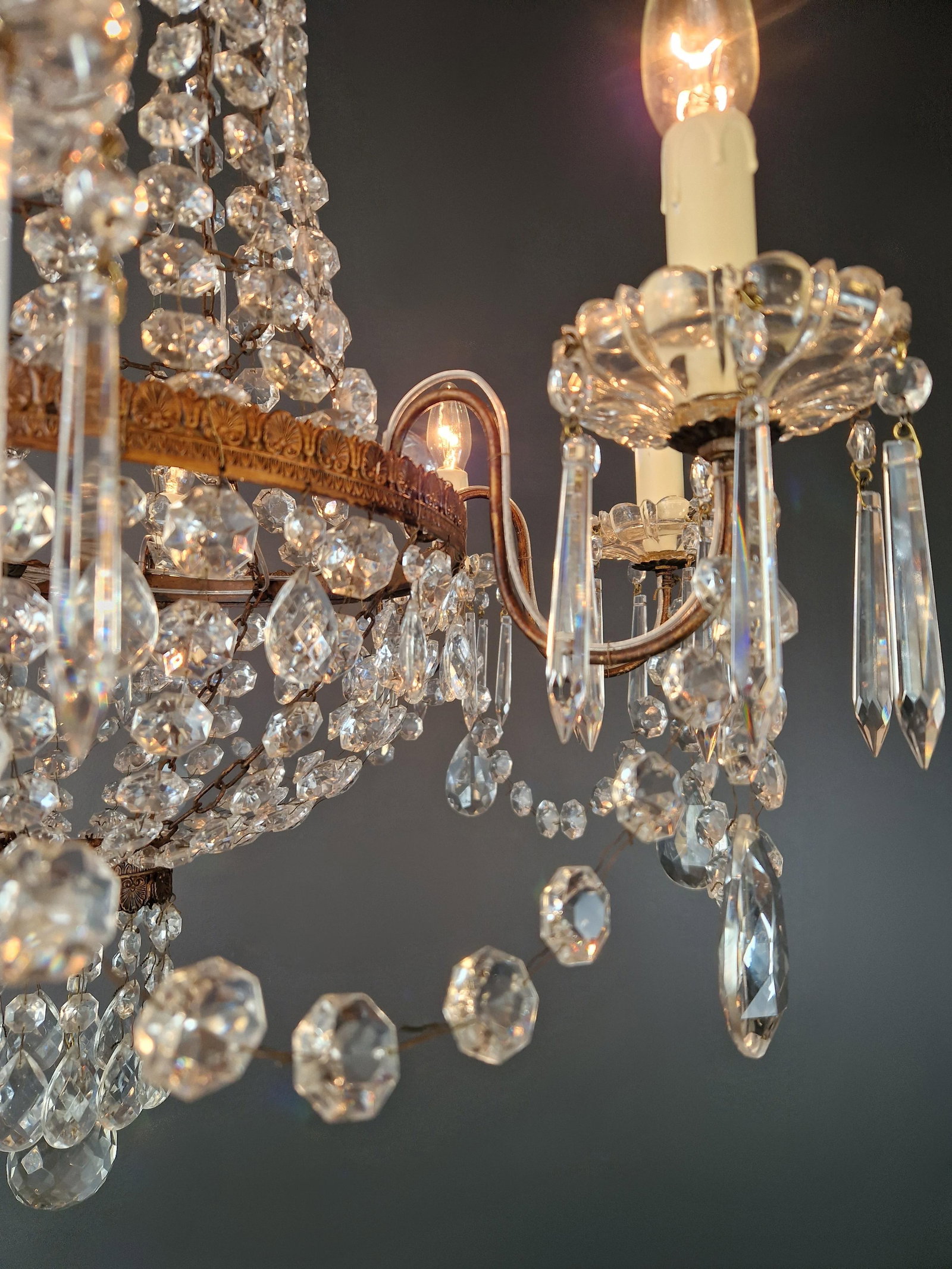 1930s Empire Brass Chandelier Crystal Lustre Ceiling Light Antique Classical - 3