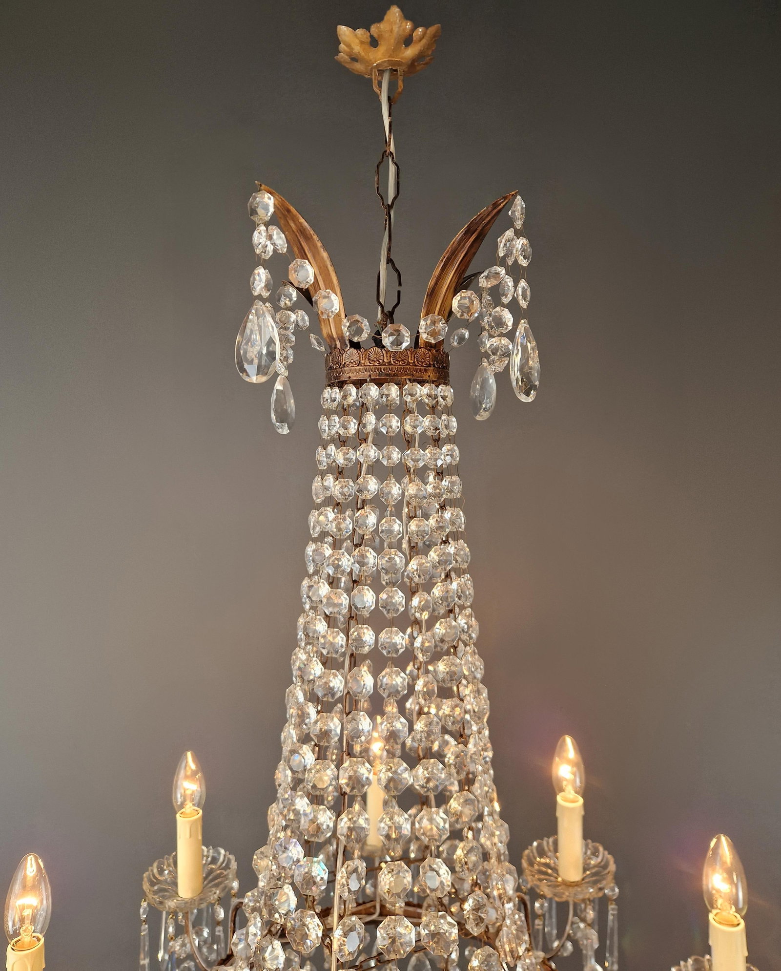 1930s Empire Brass Chandelier Crystal Lustre Ceiling Light Antique Classical - 4