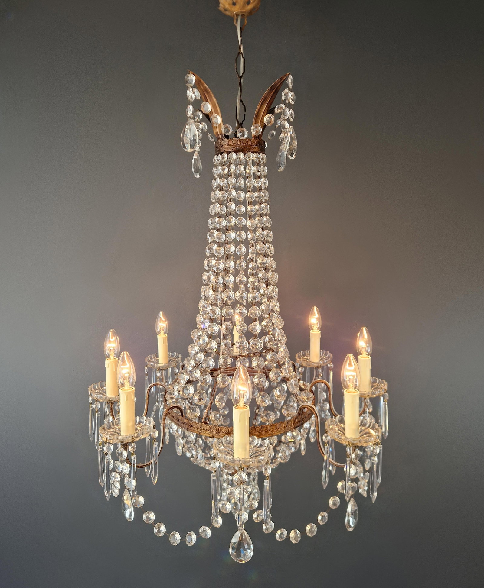 1930s Empire Brass Chandelier Crystal Lustre Ceiling Light Antique Classical - 5