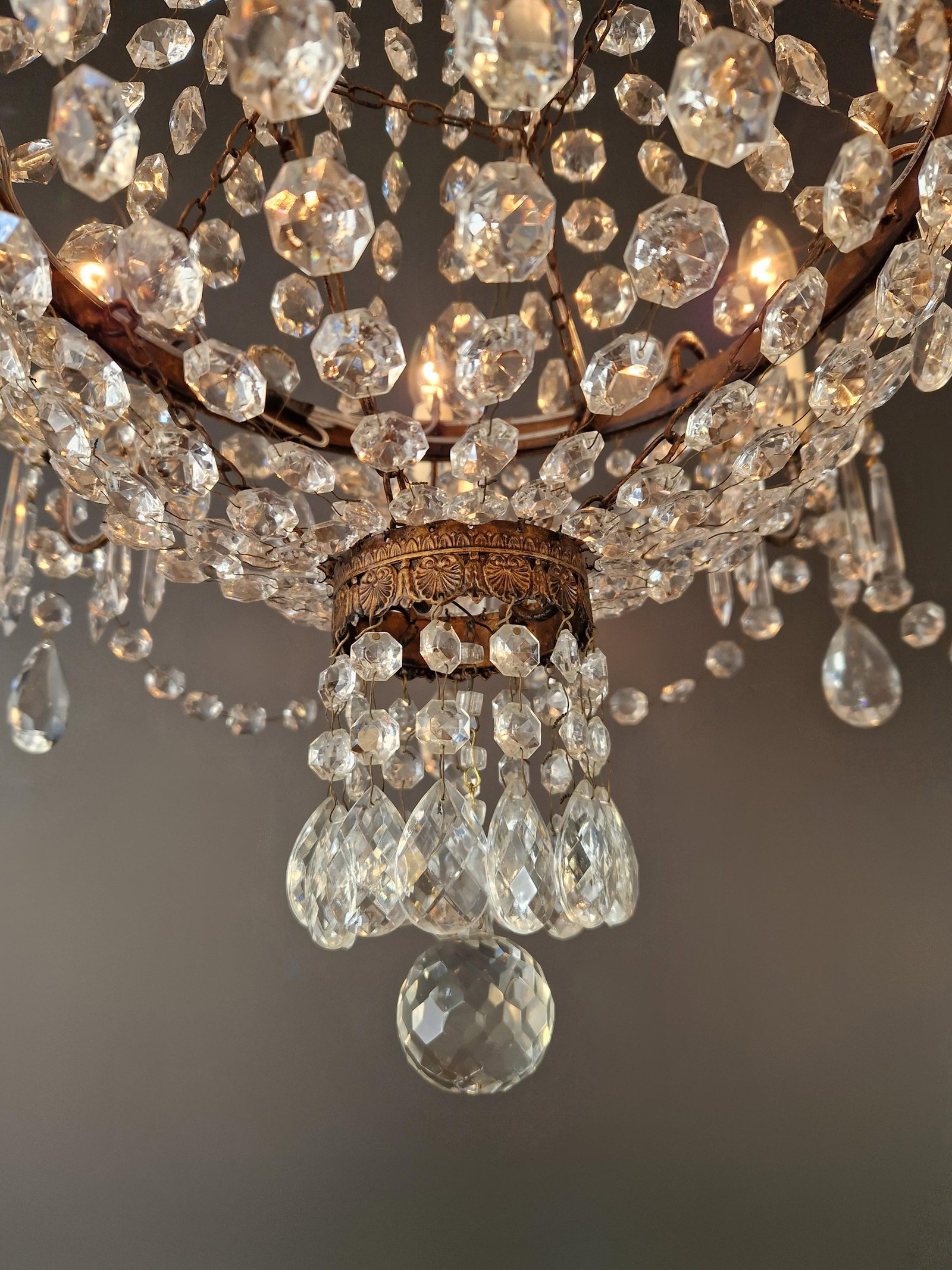 1930s Empire Brass Chandelier Crystal Lustre Ceiling Light Antique Classical - 6