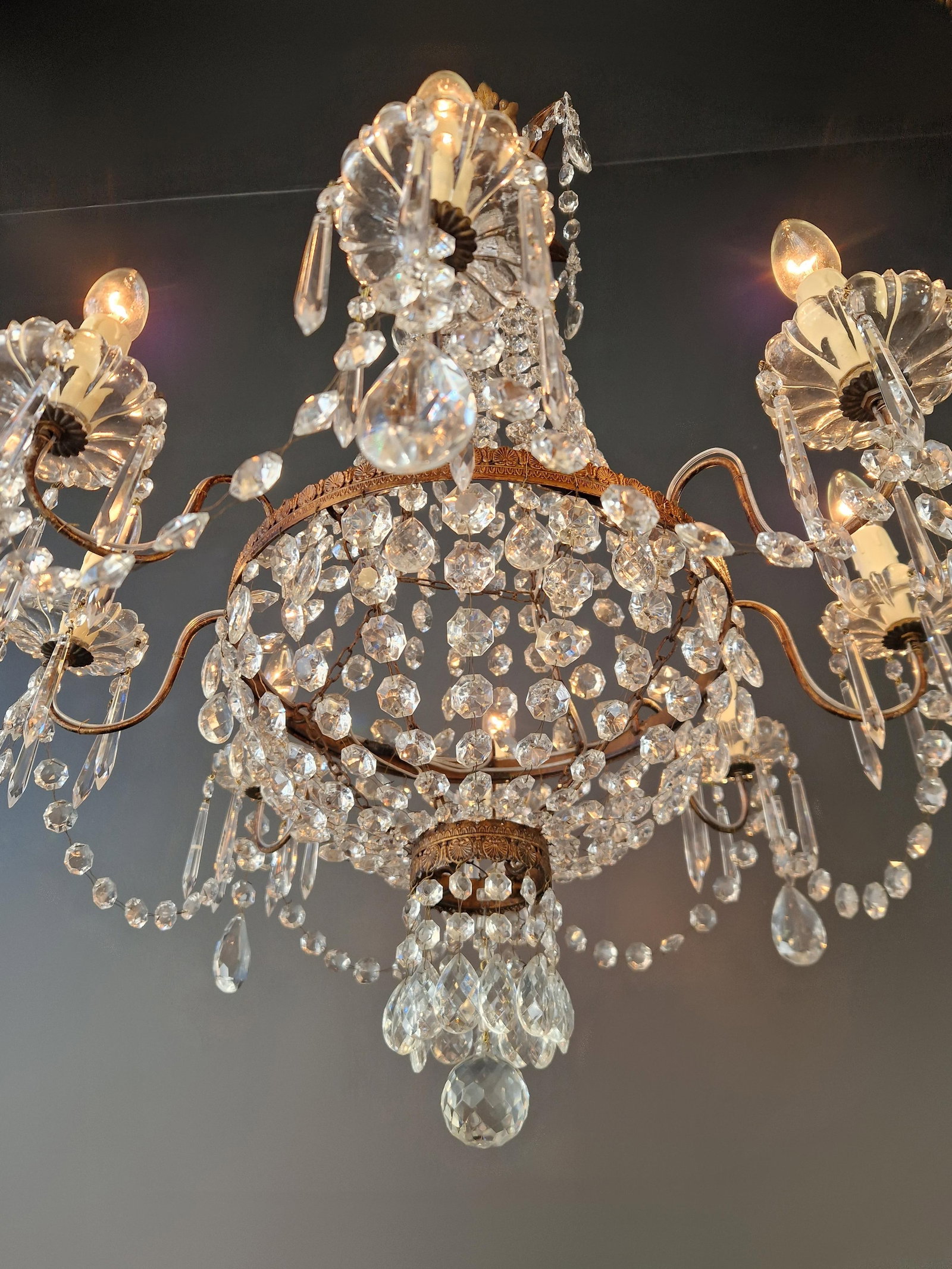 1930s Empire Brass Chandelier Crystal Lustre Ceiling Light Antique Classical - 7