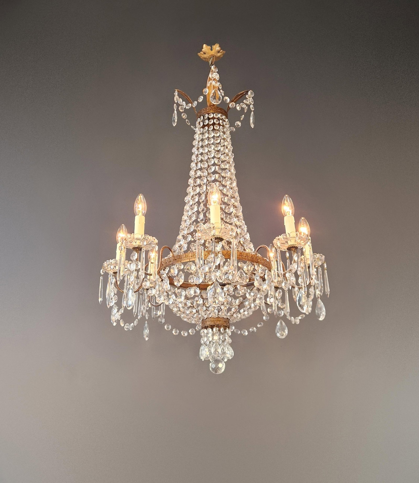1930s Empire Brass Chandelier Crystal Lustre Ceiling Light Antique Classical - 8