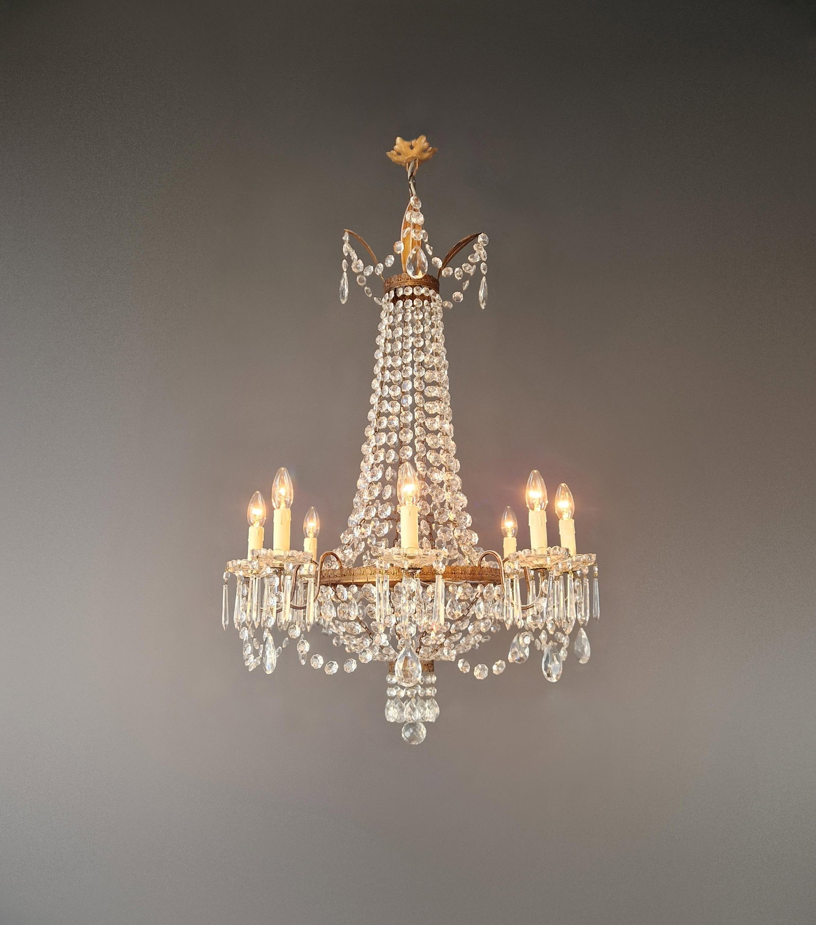 1930s Empire Brass Chandelier Crystal Lustre Ceiling Light Antique Classical - 9