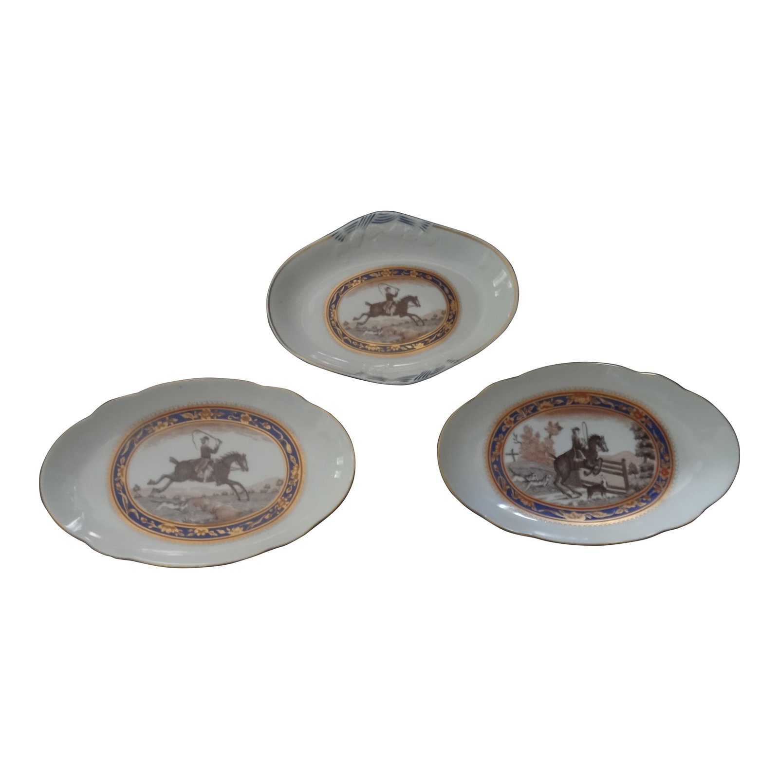 Late 20th Century Mottahedeh Collectible Equestrian Lobed Plates, Set of 3: These are limited edition highly collectible numbered plates with equestrian themes. set of 3 Two Plates 7.875" by 4.75" One Plate 6.75" by 5" Condition: Alterations: Original Condition Unaltered Impe