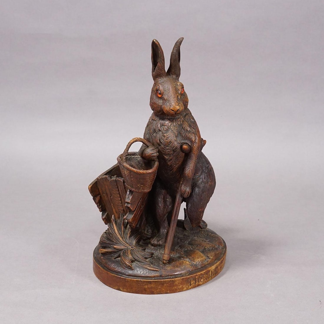 Antique Black Forest Carved Rabbit Figure With Basket, Circa 1900 - 2
