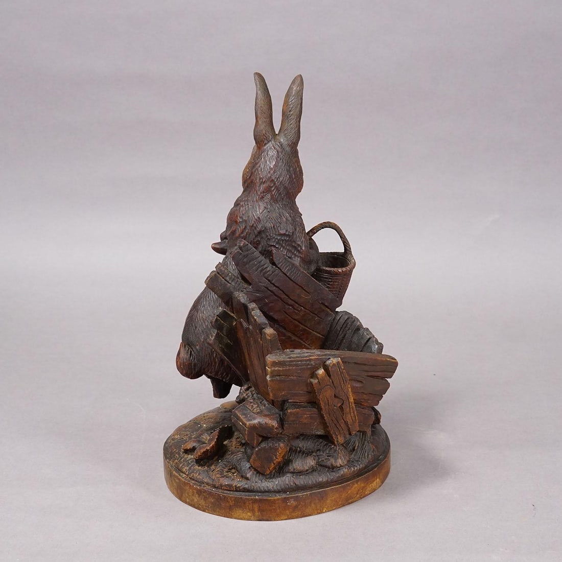 Antique Black Forest Carved Rabbit Figure With Basket, Circa 1900 - 3