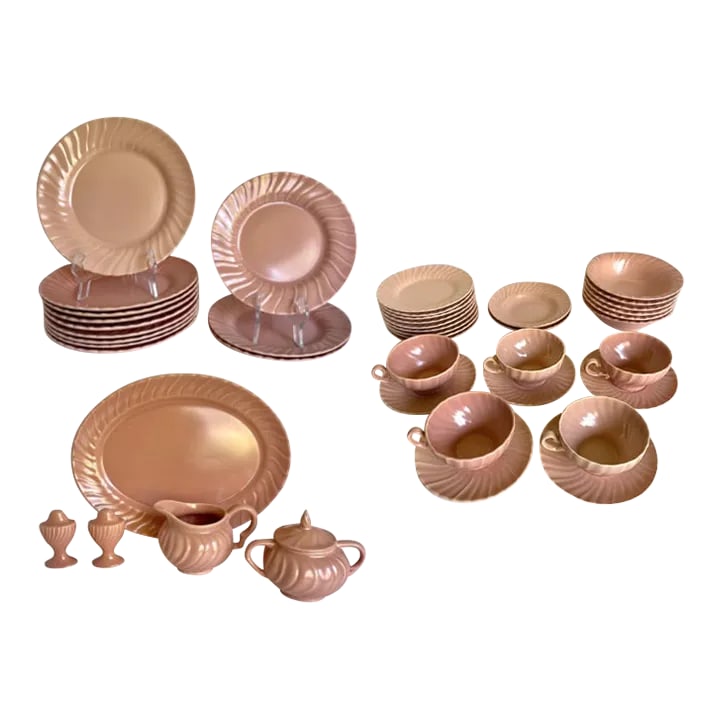 44 Pieces - 1940's Pink Franciscan Coronado Dinnerware and Serving Set: Here is a beautiful set of 44 total pieces of pink Franciscan ceramic plates! This design, Coronado, has a lovely ripply-wavy border which is so pretty! The color is amazing and the set looks amazing 