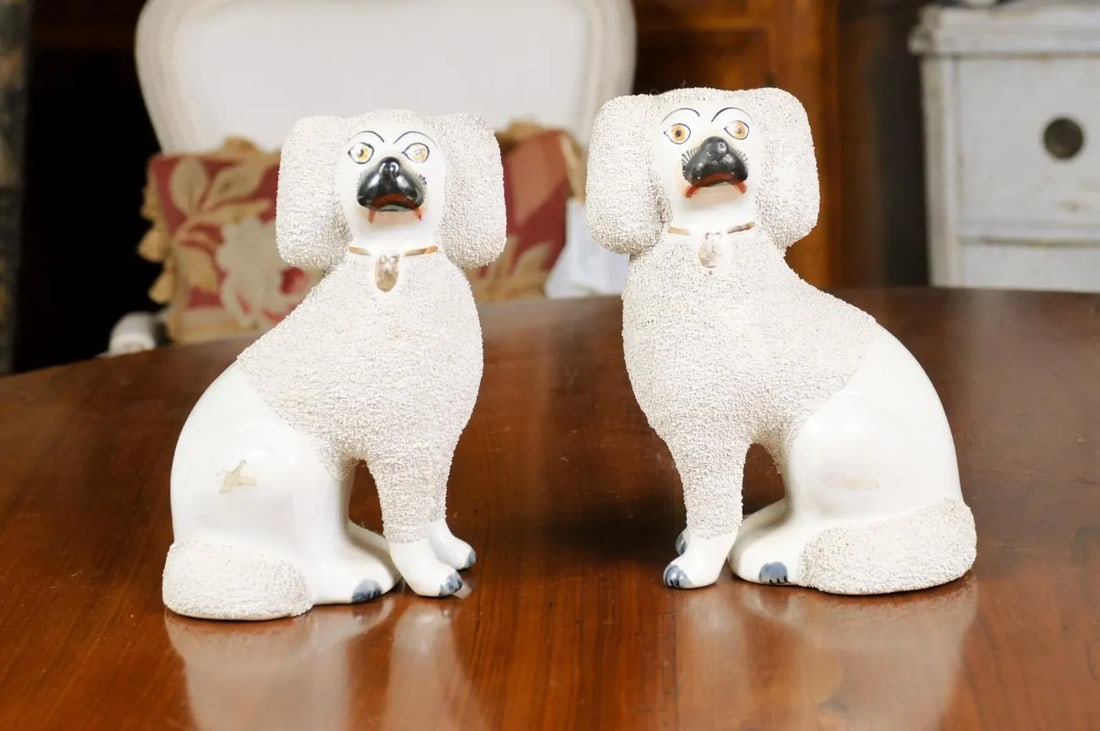 Large English Staffordshire Victorian Split Leg Dogs with White Coat - A Pair - 12