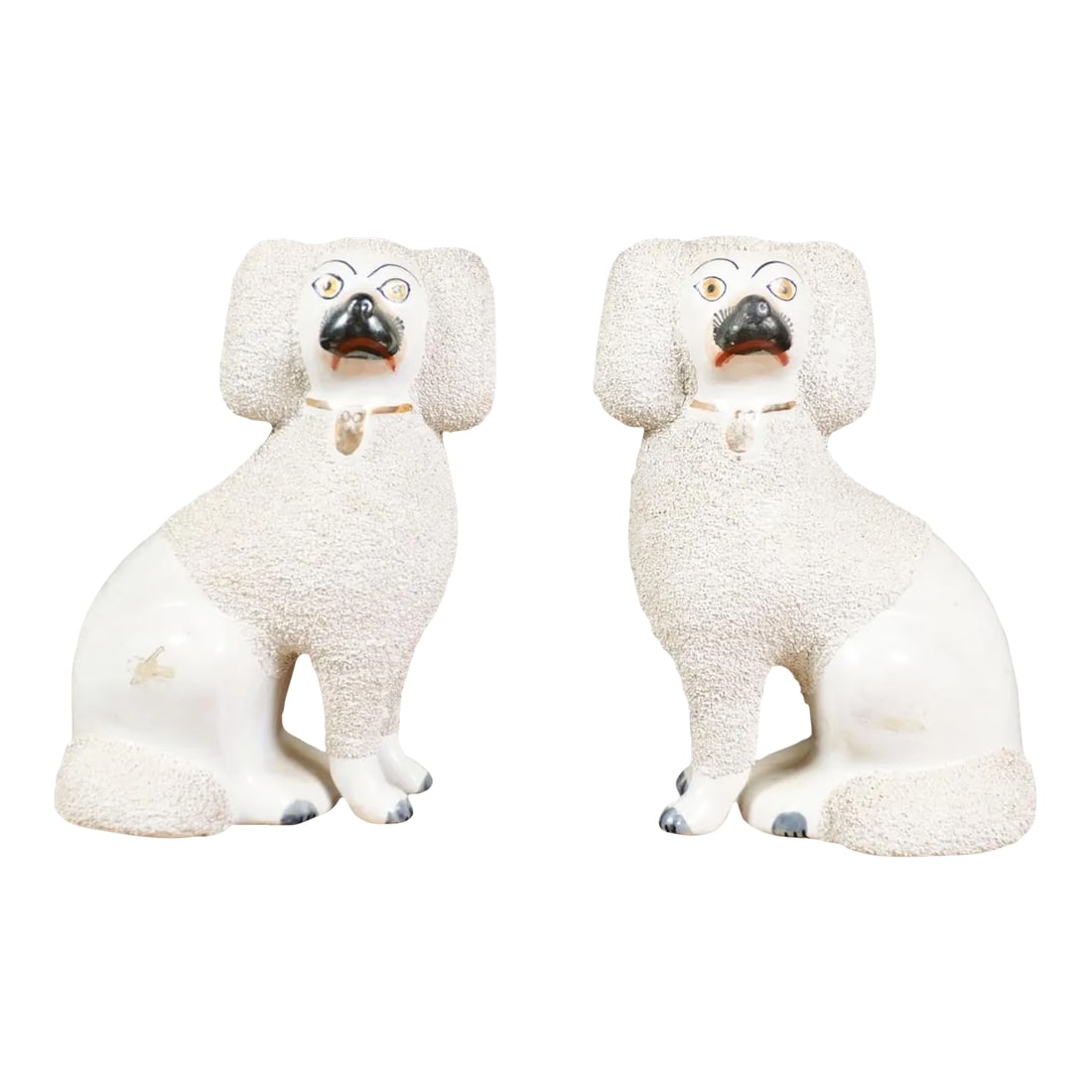 Large English Staffordshire Victorian Split Leg Dogs with White Coat - A Pair: A large pair of English Victorian period slit leg Staffordshire dogs from the 19th century with textured coat and gilded collars. Created in England during the reign of Queen Victoria, each of this