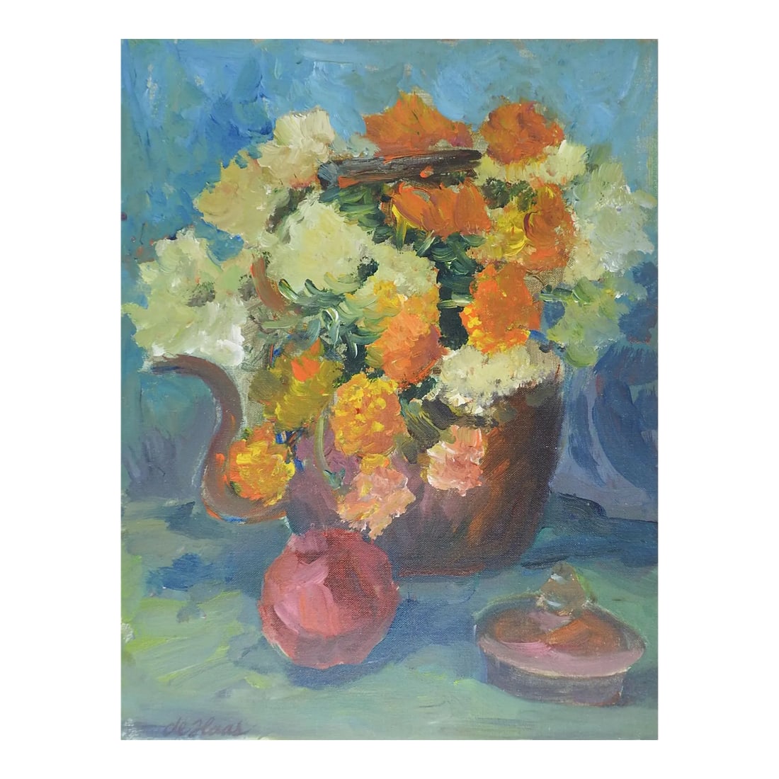 Vintage Mid Century Orange & White Floral Still Life Painting: Vintage mid century oil on canvas board floral still life painting. Orange and white flowers in teapot, by Eleanore de Haas (1912-1999) California, signed lower left corner. Unframed, edge wear.