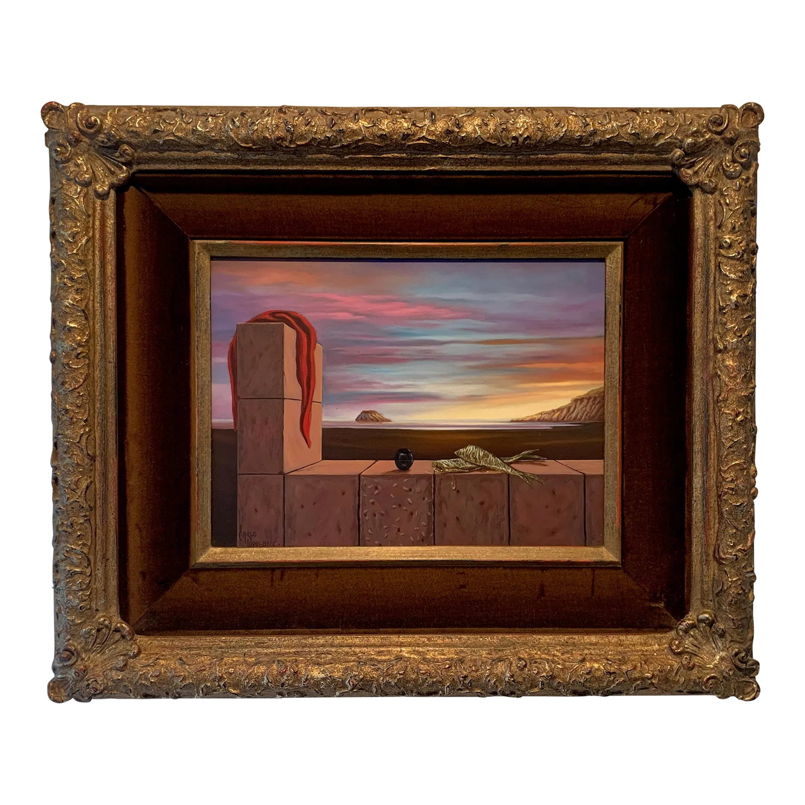 Mid 20th Century Surrealist Oil Painting in Antique Frame; Signed by Carlo Whalbeck: An Eye Cathching Original, Mid Century Modern, Surrealist Oil Painting in an Antique Frame, 1976, Signed by Carlo Whalbeck; A Los Angeles/Palm Springs Based Artist. The Antique Frame was always marrie