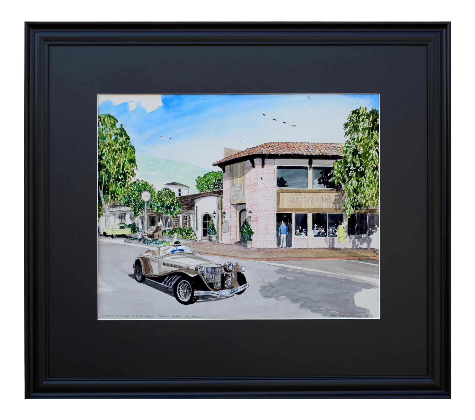 1970s Vintage Patrick Kelly Car in Laguna Beach Signed Lithograph: Stunning lithograph signed by artist Patrick Kelly & dated 1978 in the lower right corner. Handwritten in the lower left is "Forest Avenue & Glenneyre Laguna Beach California." There is an exotic car
