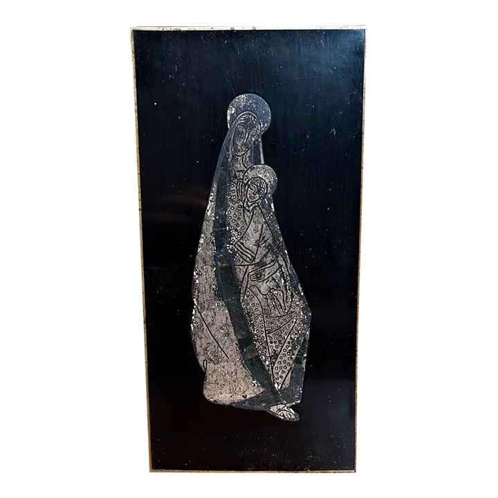 1970s Los Castillo Silver Abstract Mary Plaque Wall Art Taxco Mexico: AMBIANIC presents 1970s Los Castillo Virgin Mary Silver Black Wall Art Taxco Mexico Silver on Black Lacquered Wood 10.25 H x 5 W x .75 Thick Made in Mexico. Maker stamped. Original vintage unrestored 