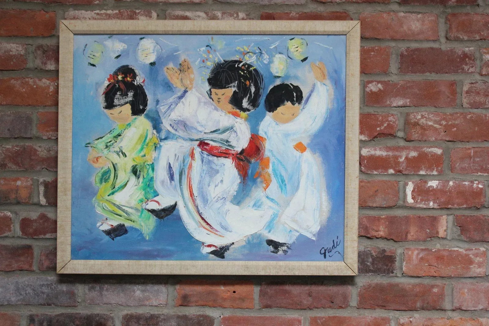 Japanese Dancing Geishas Oil on Canvas Signed Gudi - 12