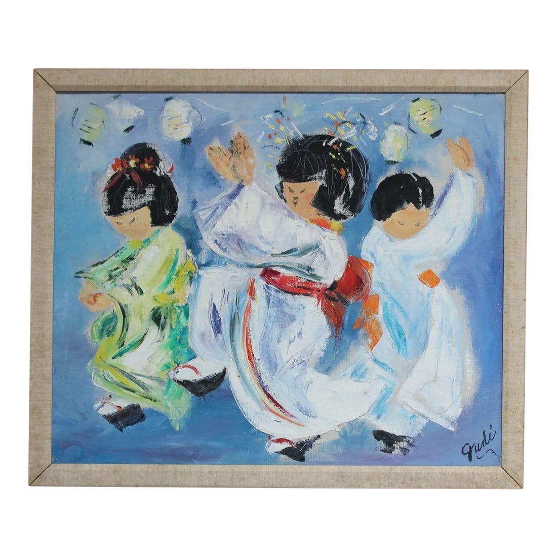 Japanese Dancing Geishas Oil on Canvas Signed Gudi: Charming oil painting depicting three Japanese Geishas in traditional kimonos dancing at a lantern festival (ca. 1960s, Japan). Painting itself is in very good, vintage condition. Frame shows
