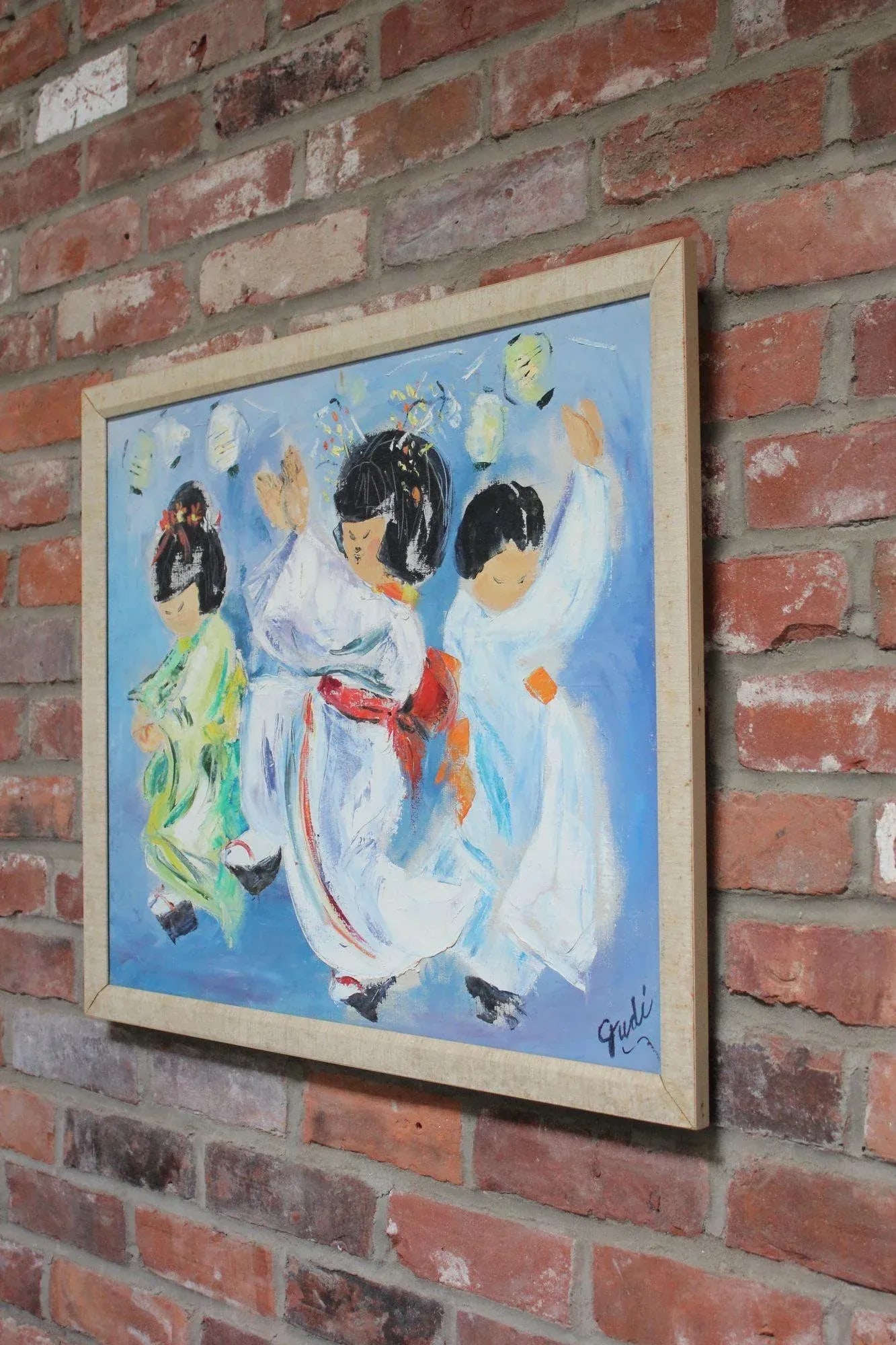 Japanese Dancing Geishas Oil on Canvas Signed Gudi - 3