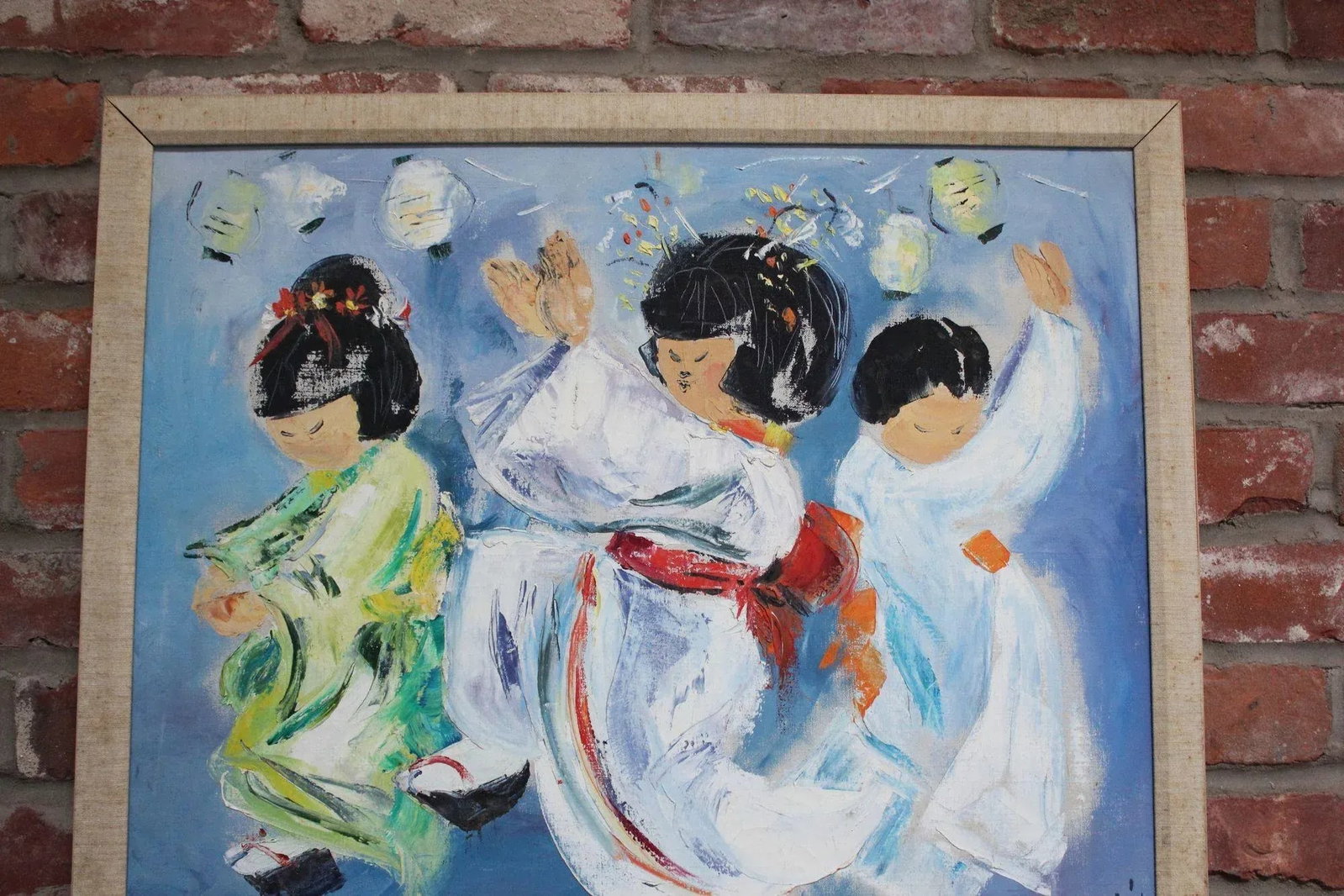 Japanese Dancing Geishas Oil on Canvas Signed Gudi - 6