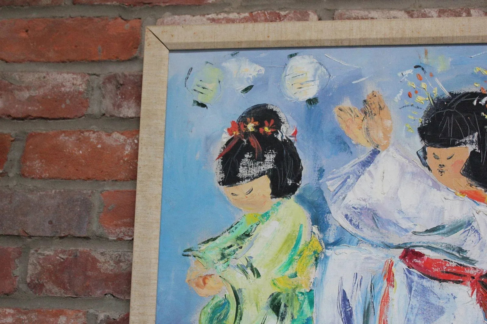 Japanese Dancing Geishas Oil on Canvas Signed Gudi - 7
