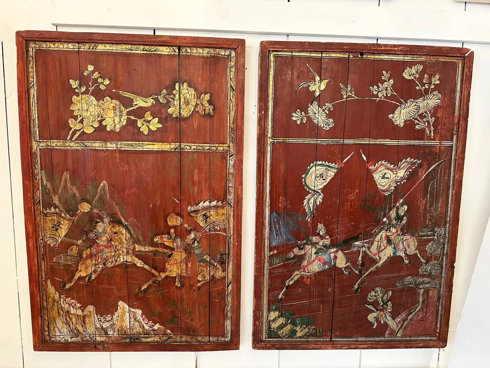 Pair of Distressed Antique Chinese Hand Painted Wooden Panels - 13