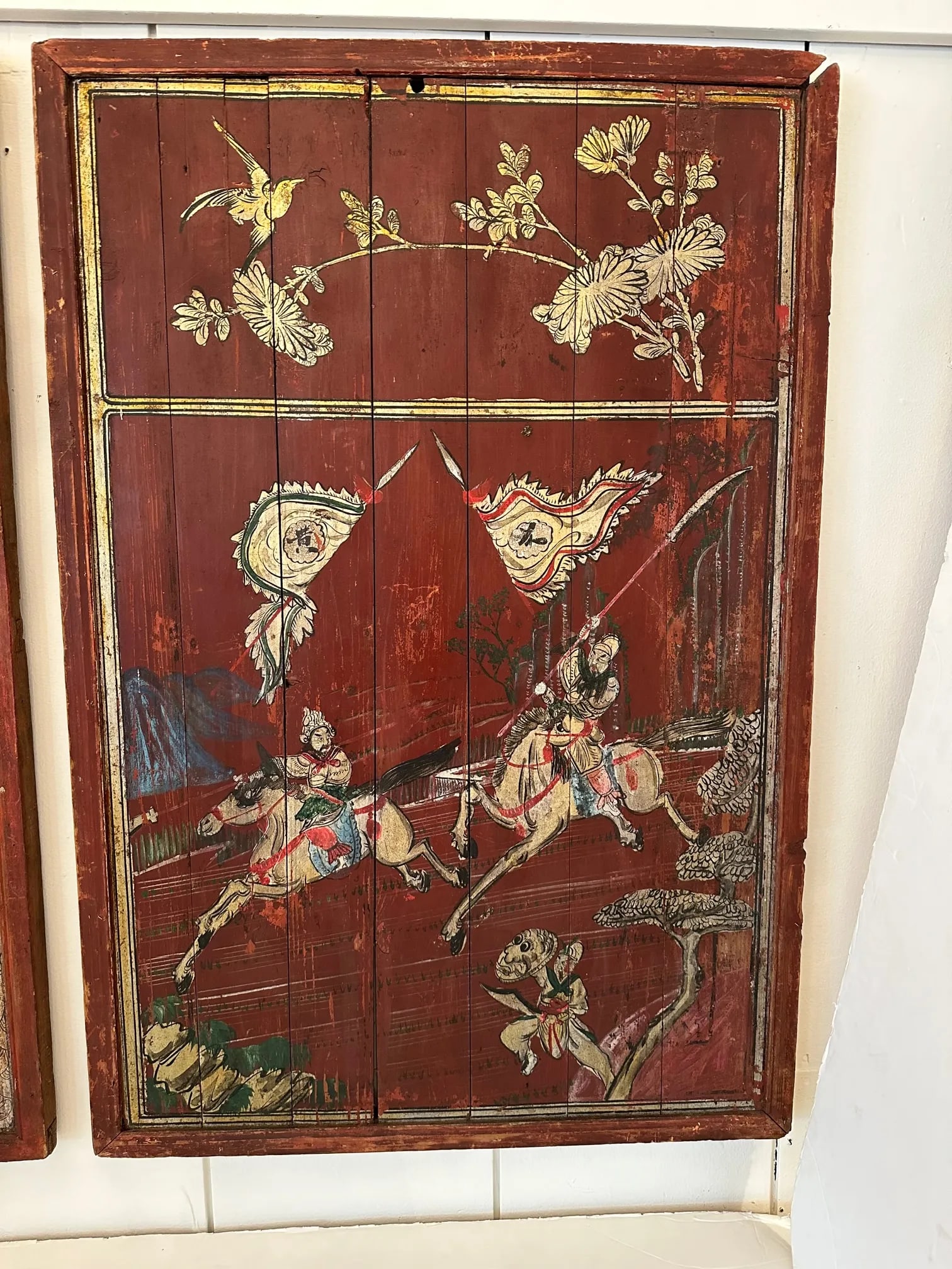 Pair of Distressed Antique Chinese Hand Painted Wooden Panels - 3