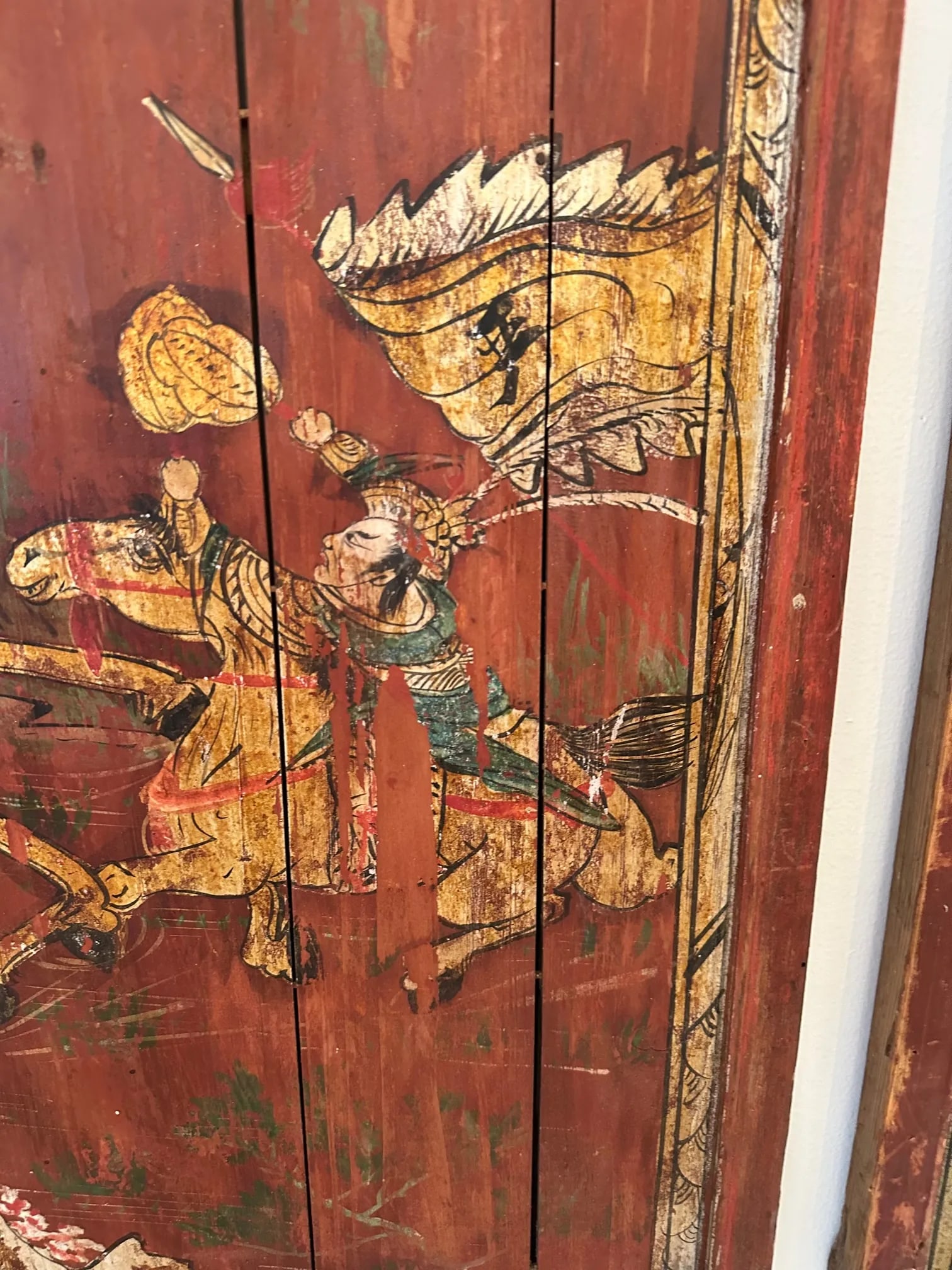Pair of Distressed Antique Chinese Hand Painted Wooden Panels - 4