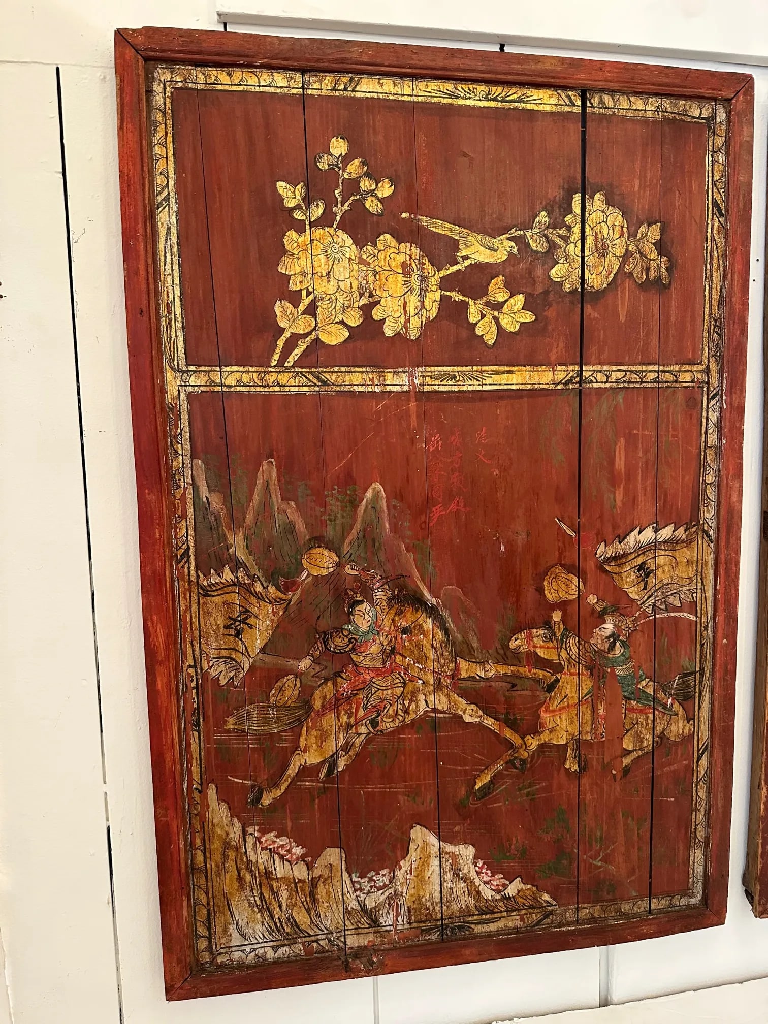 Pair of Distressed Antique Chinese Hand Painted Wooden Panels - 6