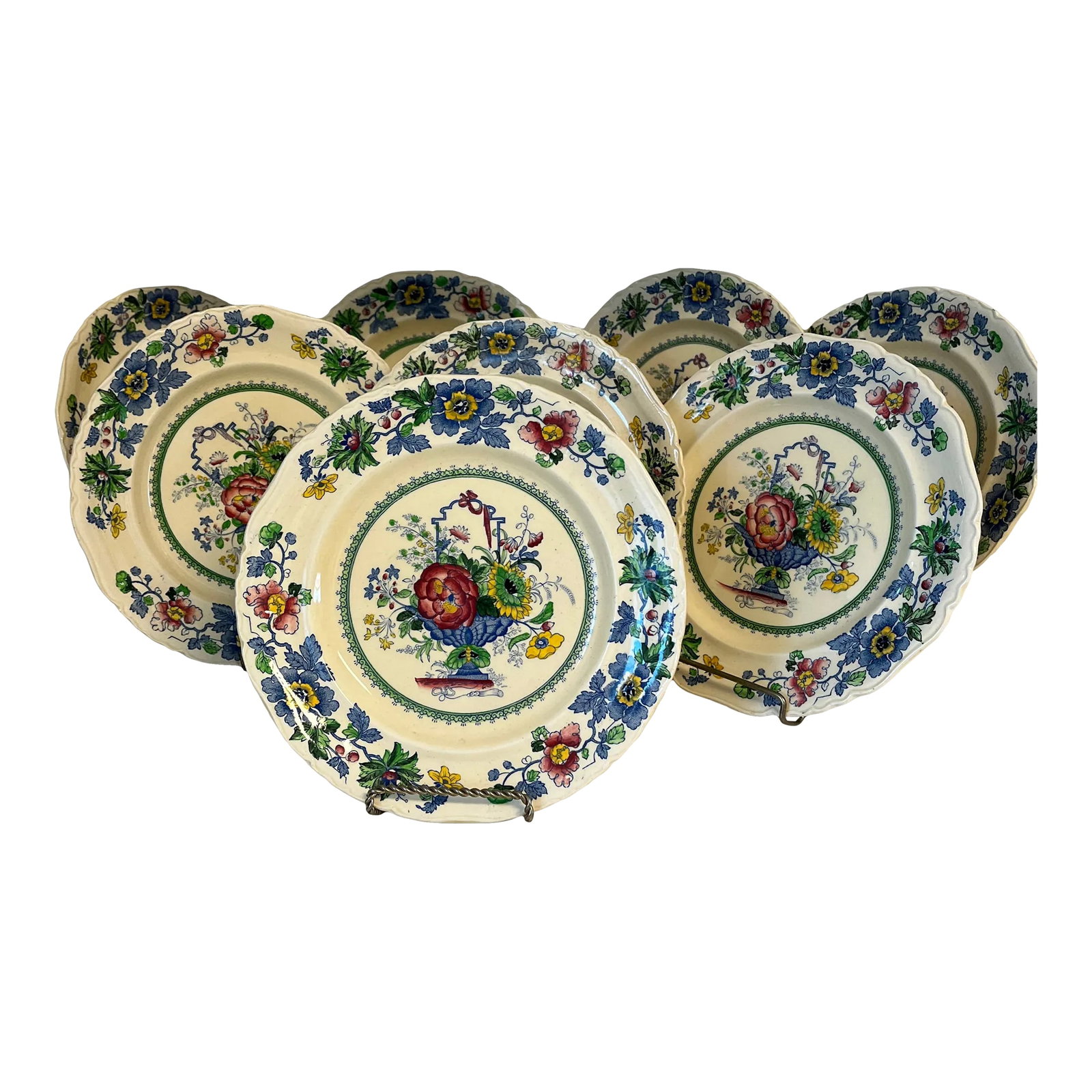 Set of 8 Vintage Mason's Strathmore Ironstone Porcelain Dessert Plates: Set of eight (8) Vintage Mason's Strathmore Ironstone Dessert plates. Cream ground with floral decorations in blues, rose and green. In excellent condition. Condition: Alterations: Original Condition 