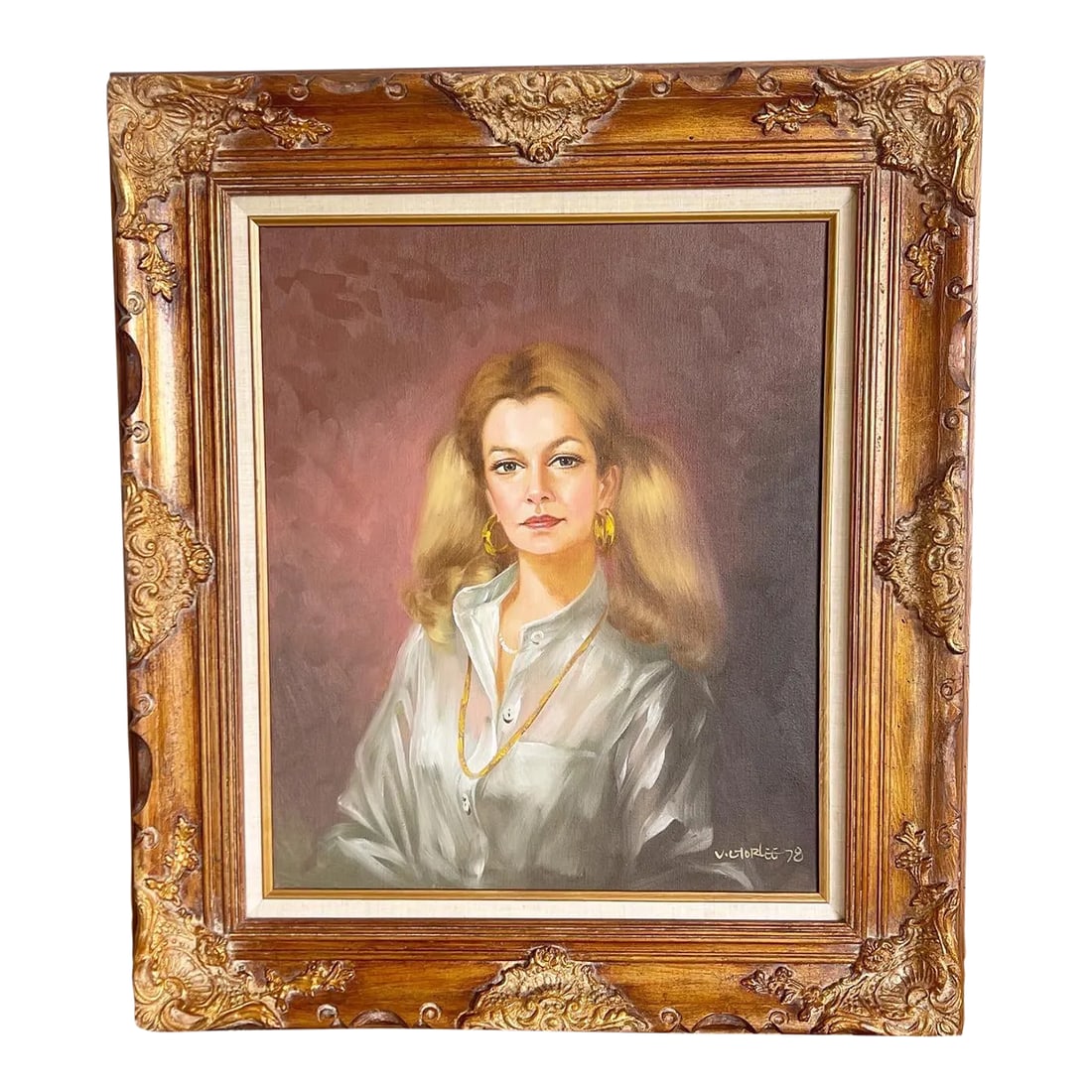 Mid Century Hand Painted, Framed and Signed Portrait of Lady 1978: This Mid Century Hand Painted Portrait from 1978 showcases a lady who embodies a sense of accomplishment and confidence. With blonde hair elegantly styled and golden hoop earrings adding a touch of