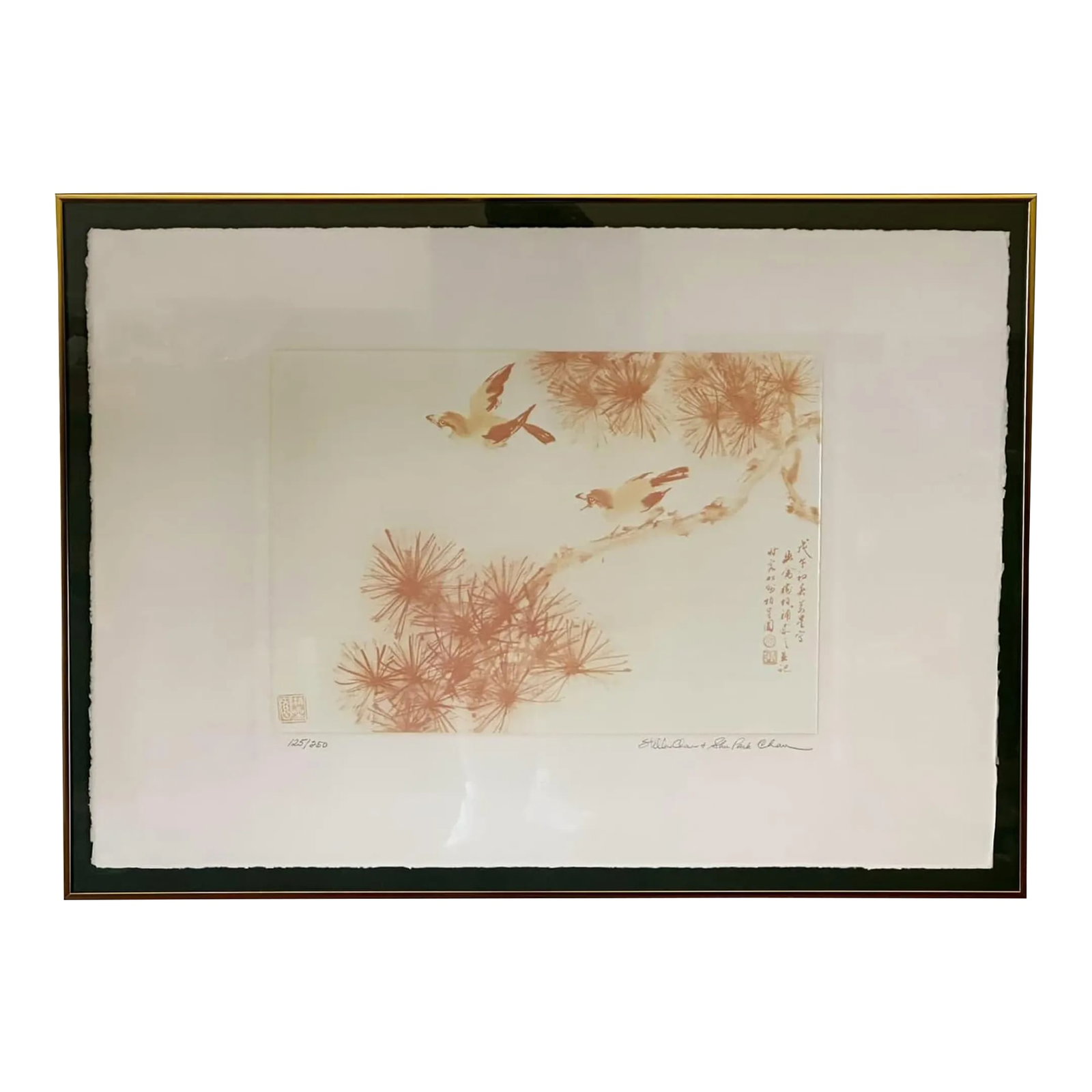 Signed and Numbered Colored Lithograph in a Greg Copeland Gold Frame: Signed and numbered colored lithograph in a Greg Copeland gold frame. The artwork depicts birds flying near and sitting on a treetop. There are some Asian characters on the right side, a stamp on the