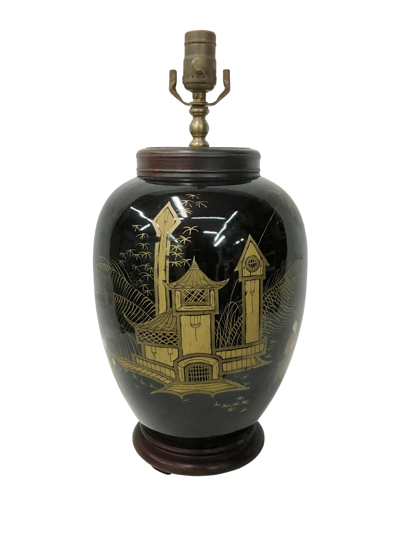 1960s Hand Painted Chinoiserie Jar Lamp: Handpainted Jar Lamp featuring chinoiserie style pagoda, monks playing painted with motifs traditionally found on chinoiserie pieces. The deep black tone of the jar adds a layer of depth making this