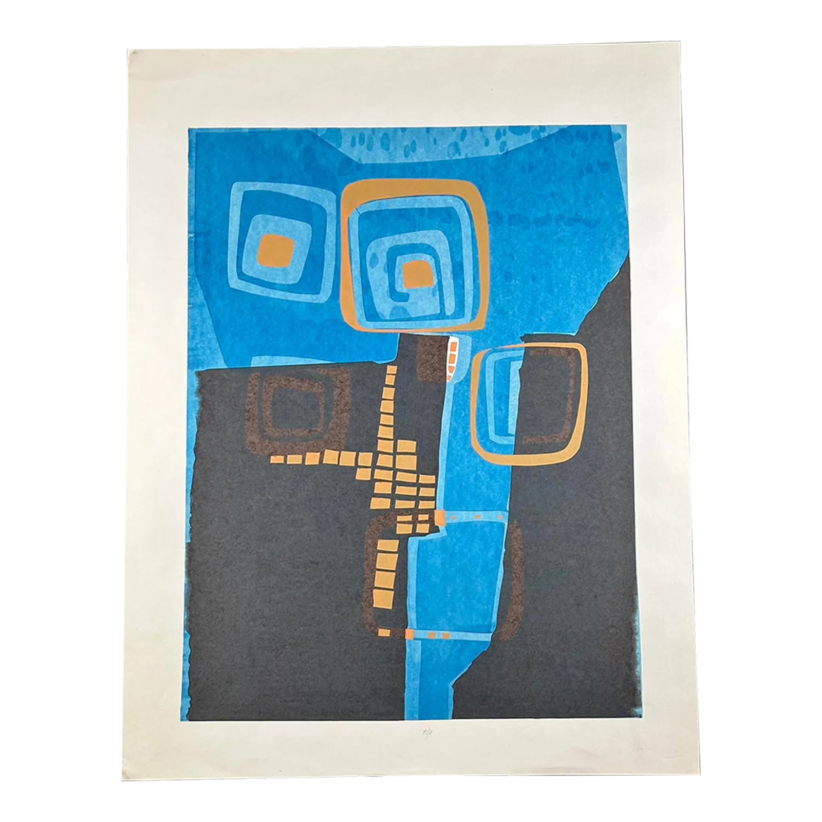 Vintage Abstract Serigraph Artist Proof: Artist-proof vintage serigraph in shades of blue, orange, and black. It is unframed but would look amazing framed and hanging on the wall. The paper is 20" wide and 26" high. The image is about 16"