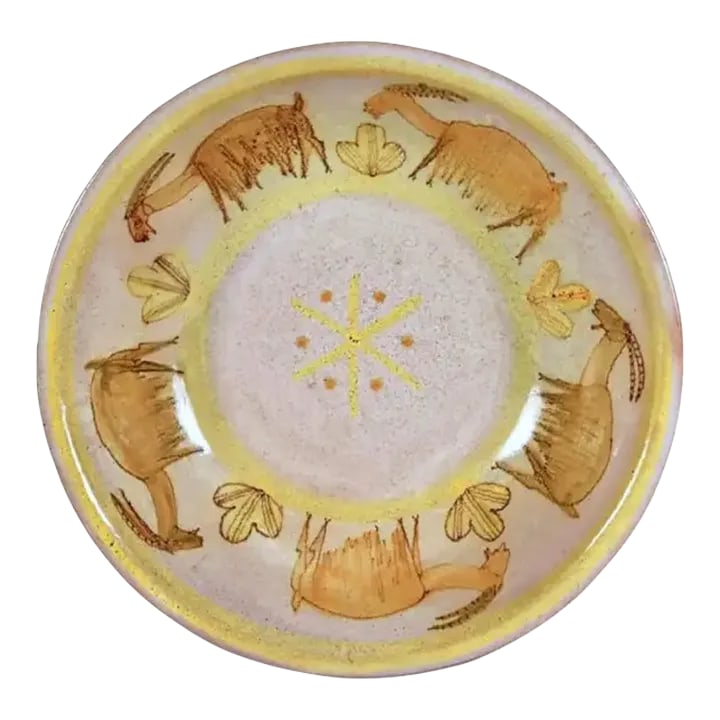 Guido Gambone Grazing Goats Monumental Stoneware Centerpiece Bowl, Italy, 1950: Guido Gambone Monumental Modern Stonewear Centerpiece Bowl, Grazing Goats, circa 1950. Marigold and citron yellow line up of grazing long-haired goats in the countryside. Exceptional piece. 12"