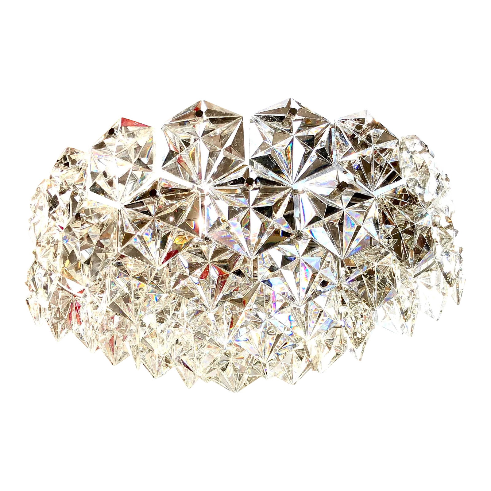 Kinkeldey Three-Tier Faceted Crystal Geometric Chandelier, Steel, 1965 Germany: Gorgeous (rare) silver tone example of the iconic faceted crystal chandelier design by Kinkeldey Germany, circa 1965. The aesthetic is elevated to a certain unassuming modernity and understated