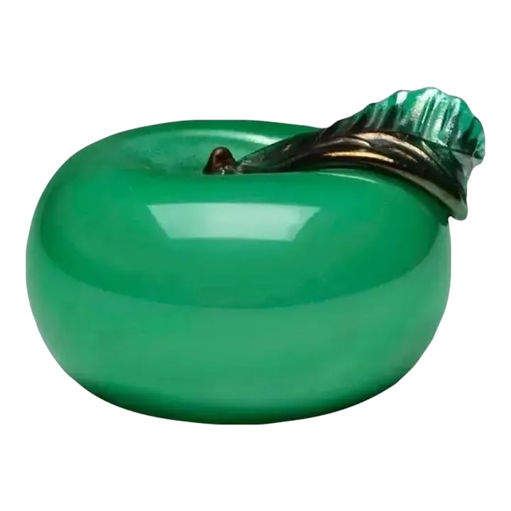 Napoleone Martinuzzi for Venini Green Apple Glass Sculpture, Italy, 1926, Signed: Napoleone Martinuzzi for Venini Murano Art Glass Green Apple Sculpture, Italy, c. 1926. acid-etched signature; Murano green cased glass with applied gold leaf. 2.75 h x 4 w x 4.5 d in (7 x 10 x 11