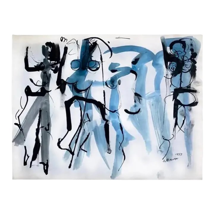 Midcentury Abstract Expressionist Ink Drawing on Paper by Salvatore Grippi, 1953: Midcentury abstract expressionist ink drawing on paper by Salvatore Grippi, 1953. Measures: 9.5" x 12". This ink wash figurative abstract Expressionist piece on paper is signed by its creator, noted