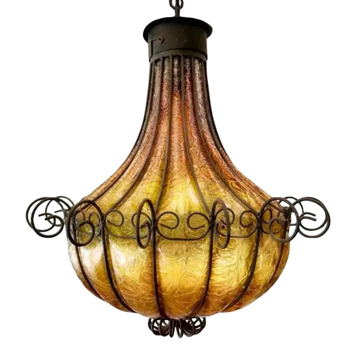 1960s Mediterranean Wrought Iron Caged Blown Amber Glass Chandelier, Murano Art Glass: Mediterranean wrought iron caged blown amber glass chandelier, murano art glass. Exceptional caged glass chandelier. Gorgeous wrought iron work. Rare Empire "inverted bell' form. 1 bulb. Chain is appr