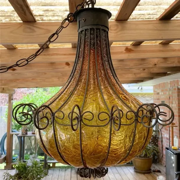 1960s Mediterranean Wrought Iron Caged Blown Amber Glass Chandelier, Murano Art Glass - 2