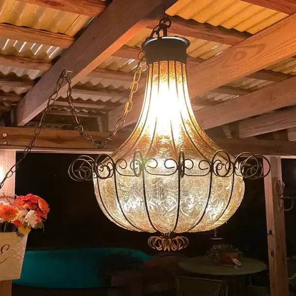 1960s Mediterranean Wrought Iron Caged Blown Amber Glass Chandelier, Murano Art Glass - 3