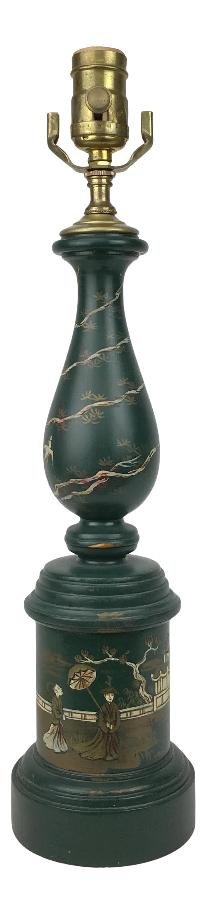 Chinoiserie Style Davenport Column Table Lamp by Brunschwig & Fils: Elegant classic urn lamp with Chinoserie detail of courtyard scene. Hand-painted and unique shape adds whimsical character to your study room. Condition: Alterations: Original Condition Unaltered