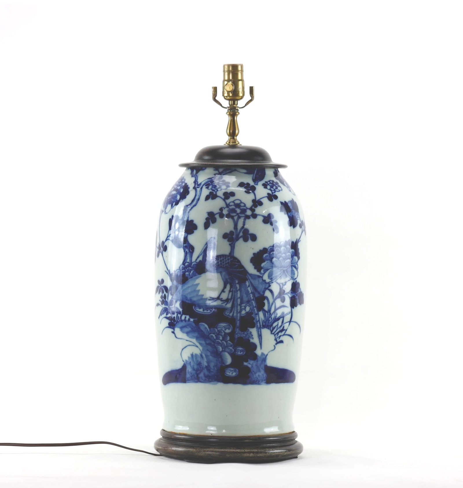 Mid *19th Century Chinese Celadon, Blue & White Porcelain Lamp With Birds and Flowers - 2