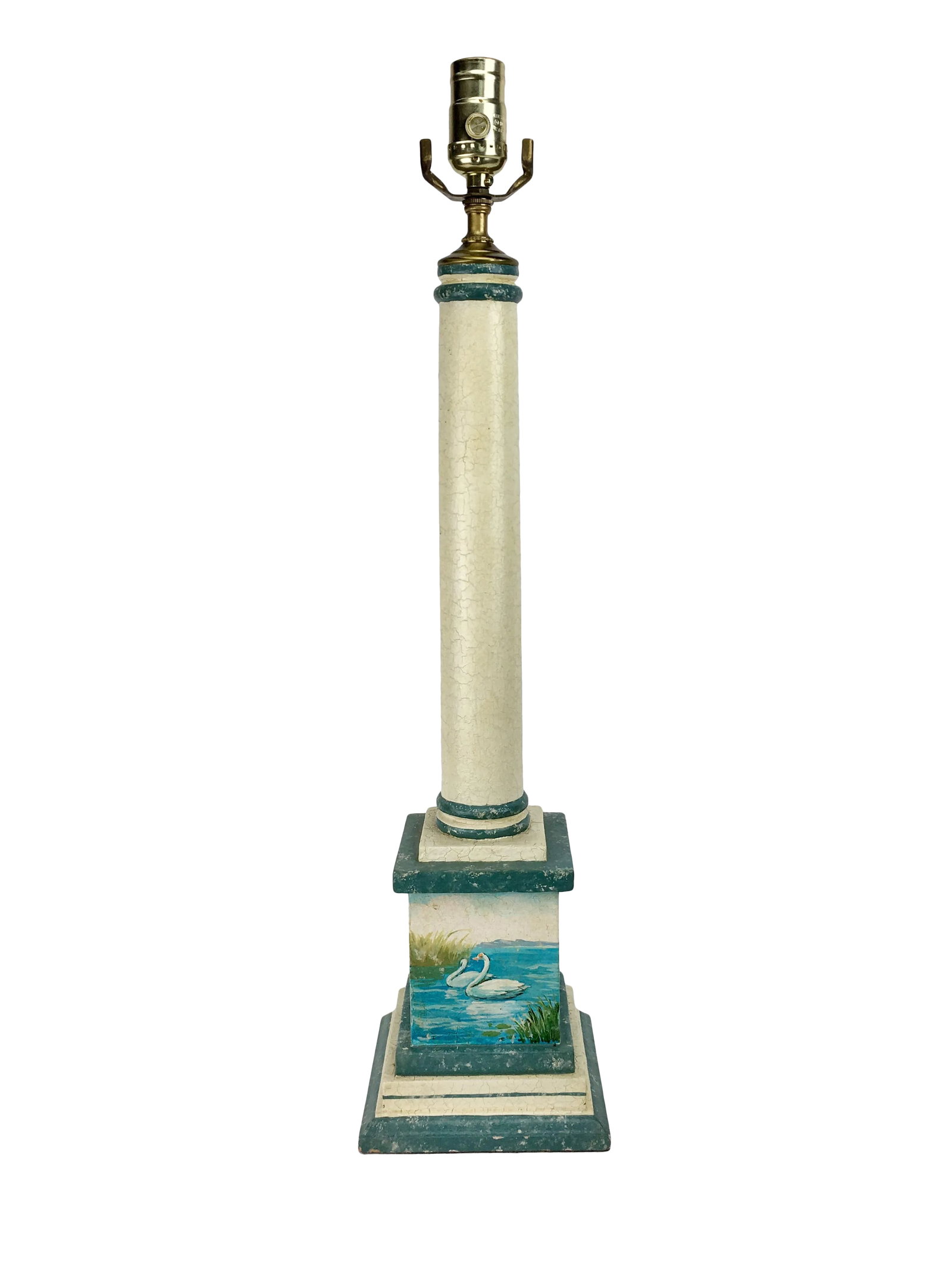 20th Century English Traditional Hand-Painted Swan Wood Column Lamp: This English traditional style wood column lamp features a pair of swans painted on the base. Bring a feeling of whimsy and elegance by making this lamp an addition to your home. Condition: